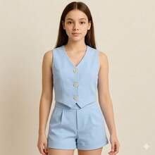 Girls' Teen Outfit With Cropped Vest And Tailored Shorts In Tailored Fabric With Transparent Buttons – Christmas Outfit For Girls, Teenagers And Pre-Teens, Elegant 2-Piece Look, Girls' And Teen Clothing, Stylish Teen Girl Fashion, Comfortable And Modern Teen Girls' Clothing - Màu xanh nhạt - Xem 2