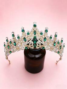 1pc Luxury Emerald Green Bridal Tiara, Gold Crystal Crown For Wedding Prom - Multicolor - View 5