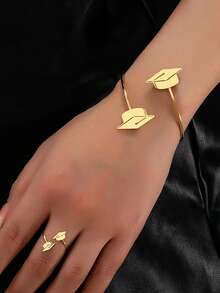 2pcs Gold Metal Hollow Smooth Graduation Cap Bracelet & Ring Set, Fashion Jewelry For Graduation, Party, Banquet - Yellow Gold - View 11