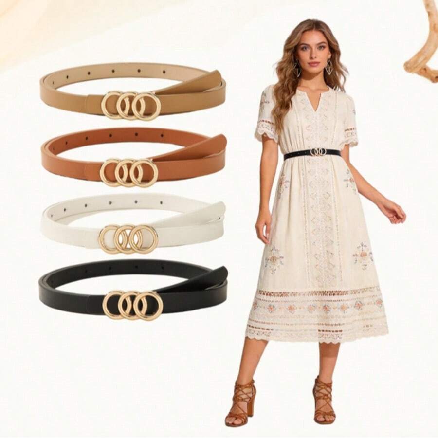 4 piezas Cinturones casuales de mujer con hebilla de aleación de triple anillo, adecuados para todas las estaciones - Multicolor - Ver 1