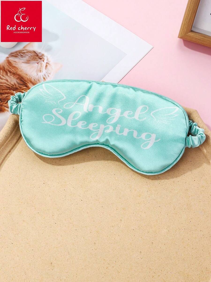 1pc Polyester Digital Printed Wing & Letter Element Sleep Eye Mask, Soft & Skin-Friendly, Suitable For Girl To Wear During Rest - Mint Green - View 1