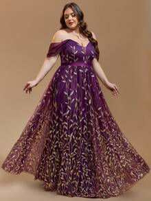 Vestidos largos de noche elegantes para mujer talla grande con estampado floral en todo el diseño, cintura de malla romántica, aplicaciones, hombros descubiertos, lentejuelas, para eventos formales, fiestas, bodas, primavera - Morado - Ver 4