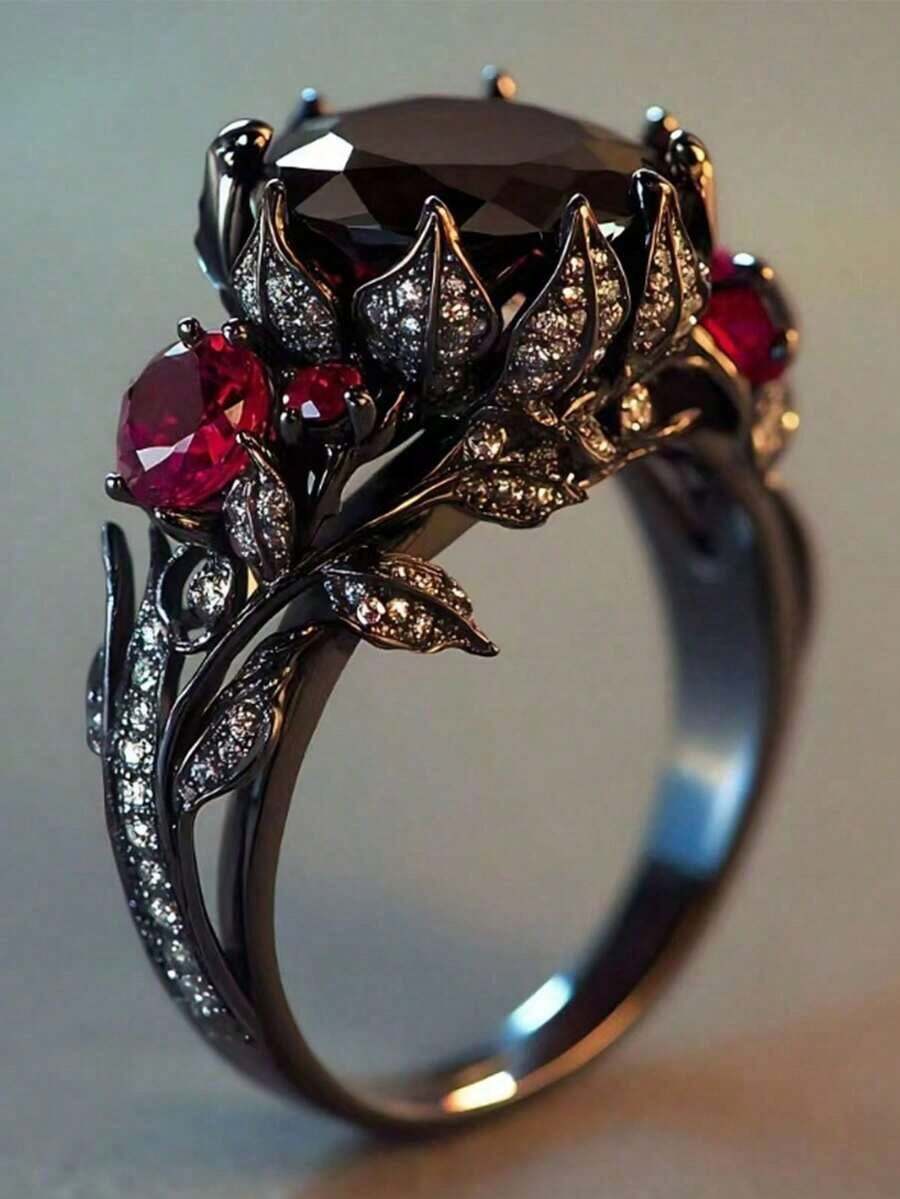 1pc Popular Women's Fashion Luxury Vintage Floral Zirconia Ring, Suitable Wedding, Engagement, Party, Halloween Jewelry - 黑色 - 查看 1