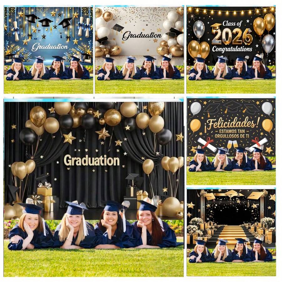 1pc 2D Flat Graduation Celebration Photography Backdrop Banner, Black Metal Graduation Cap Design, Suitable For Outdoor Graduation Photos, Dance Party Decor And Holiday Occasions, Indoor Party Banners, General Celebration Events, Family Gatherings, Holiday Parties, Photo Booth Props, Vibrant Vinyl Material - Multicolor - View 1