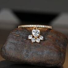 Vanel 1piece Luxury Paved Cubic Zirconia Ring, Heart Dangle Cluster Design, Fashion Jewelry For Women, Elegant Jewelry Gift For Her - Golden Yellow-white - View 3