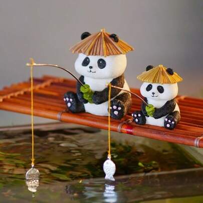 1pc Adorable Fishing Panda Family Collectible Figurine, Resin Material, Suitable For Fish Tank, Pond, Garden, Living Room, Bedroom, Office Desk, Unique Gift For Panda Lovers