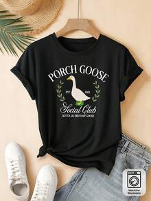 Women's Summer Outfits - Casual T-Shirt With "Porch Goose Social Club" Print - White Crew Neck, Short Sleeve, Lightweight Polyester, Machine Washable - 黑色 - 查看 2