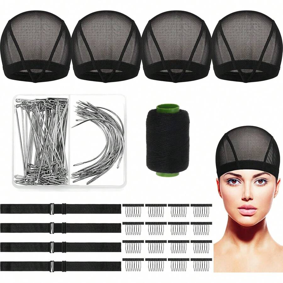 Wig Caps For Women 95 Pcs Wig Making Kit Stretchable Mesh Dome Cap Black Hair Weaving Thread Needles Combs And Adjustable Elastic Bands - View 1