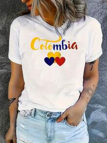 Women's Casual Short Sleeve T-Shirt - Colombian Pattern Colorful Heart And Letters, Breathable Stretch Fabric, Round Neck Summer Top Suitable For Daily Wear & Vacation Outfits, Comfortable Casual Clothing, Bright Printed Shirt, Non-Transparent Material - trắng - Xem 1