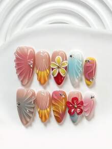 10Pcs Childlike Hand Drawn Style Handmade Press On Nail,Polygel Nail Set,Handcrafted,Red, Yellow,White Nail Polish,Fresh Summer Style,Includes Nail Tools,3 Sizes Available,Square,Short Square,Almond,Nails For Party,Dance,Daily Wear. - 彩色 - 查看 3