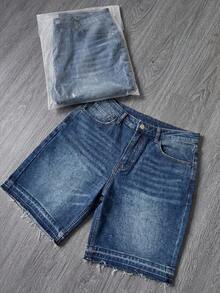 Quần short denim ống rộng rách gấu, quần short jeans dáng lửng phong cách Y2K, quần short denim dáng rộng thoải mái đa năng phong cách đường phố, quần short denim cotton túi xéo, quần jeans mùa hè - Xanh đậm - Xem 4