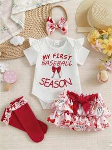 0-12Months Baby Girl My First Baseball Season Outfit Set, Ruffle Sleeve  + Ruffle Bloomers + Headband + Socks, Newborn Infant Sports Clothes - 白色 - 查看 1