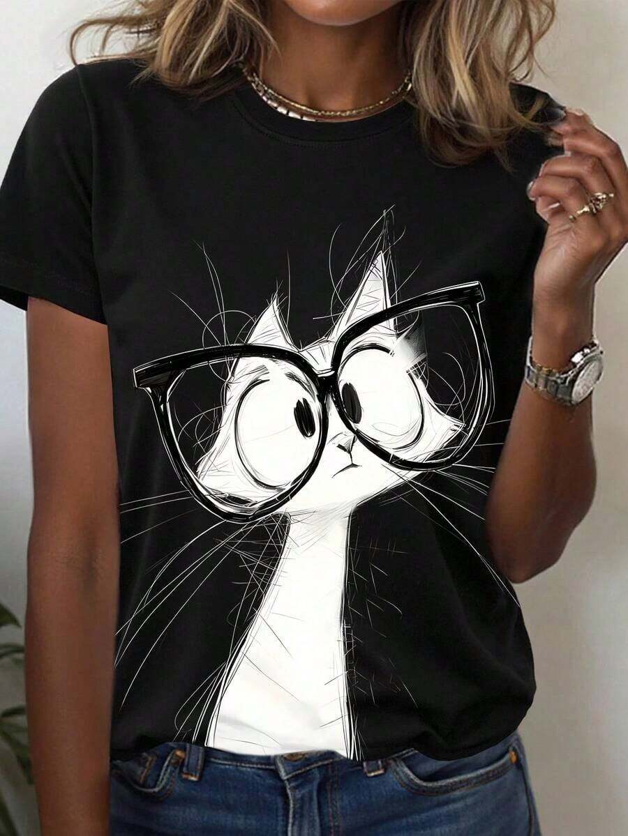 Camiseta de manga corta de cuello redondo con estampado de gato, de uso casual y versátil para uso diario - Negro - Ver 1
