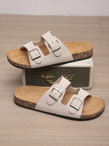 1 Pair Summer Breathable Unisex Cork Sole Double Strap Sandals, Beige/Pure Black, Faux Leather Upper + Soft Cork Cushioned Insole, Adjustable Metal Buckle Design, Suitable For Commuting, Beach, Casual Wear, Urban Youth Birkenstocks Style Slip-On Slippers, New Summer Men's High-End Fashion Versatile Business Sandals, Plus Size Comfortable Double Buckle Adjustable Casual Outdoor Non-Slip Breathable Beach Slippers - Beige - View 4