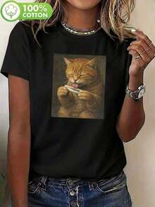 2026.tops.T-shirt pour femmes avec imprimé de chat amusant, design mignon et unique, humoristique et accrocheur, style urbain, 100% coton, col rond, manches courtes, vêtement décontracté grande taille, t-shirt rétro, haut noir printemps/été - Noir - Voir 6