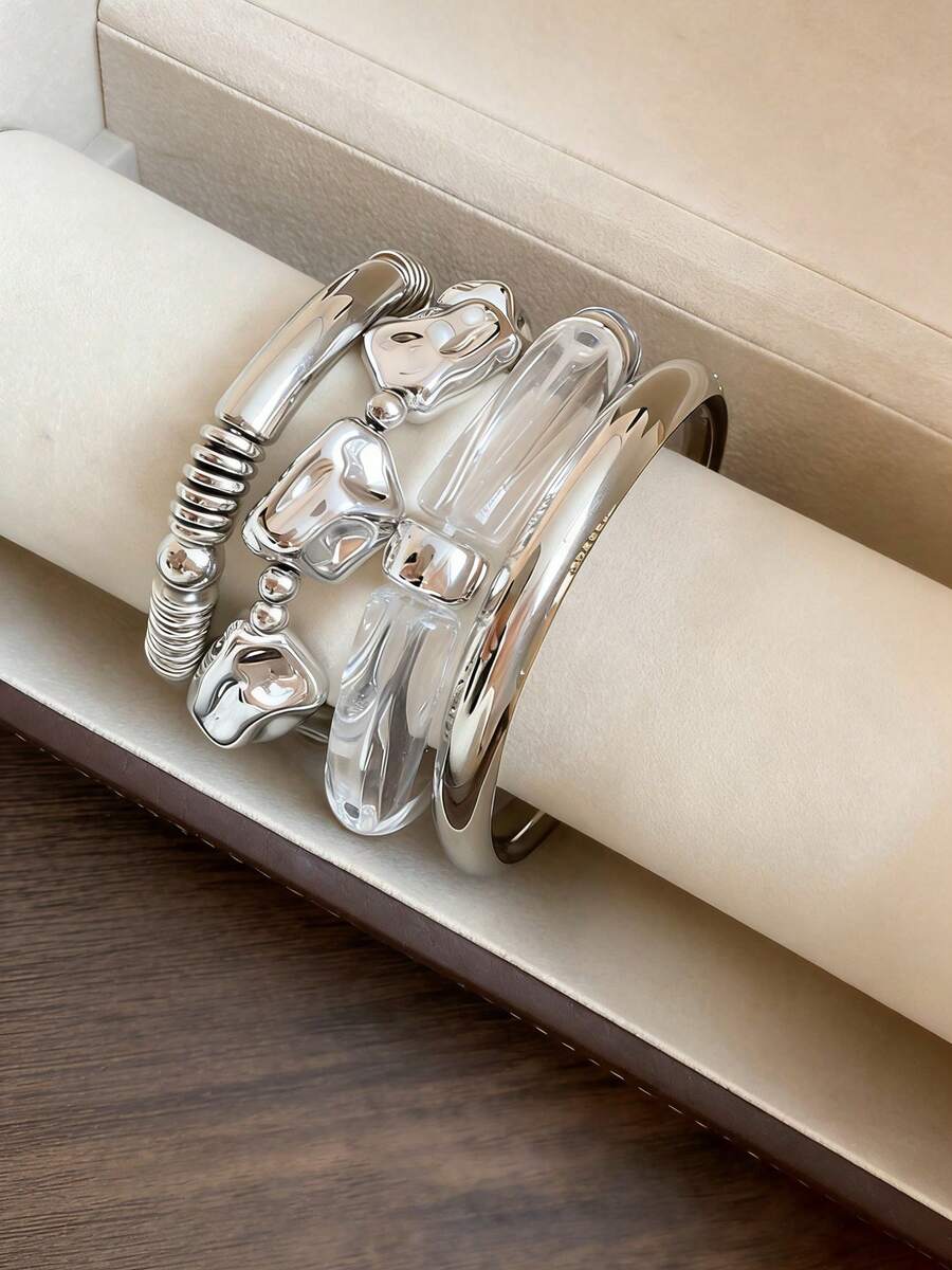 4pcs Metal & Acrylic Asymmetrical Geometric Bangle Set, Minimalist Casual Retro Elegant Bracelet Jewelry, Suitable For Daily, Gathering, Date, Party Wear - Silver - View 1