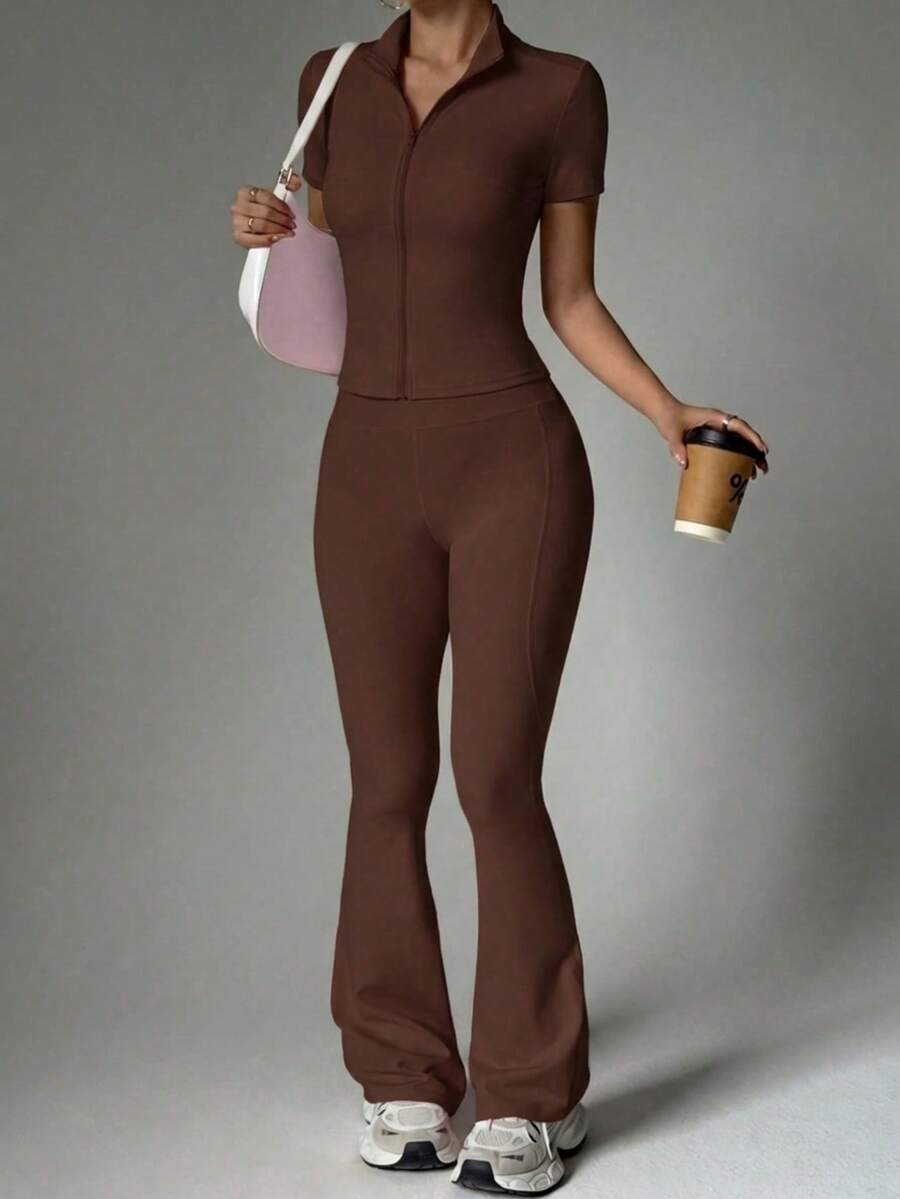FWH Urban Cool Hot Girl Set, Waist-Cinched Tailored Cropped Zipper Jacket, Paired With Crisp High-Waisted Flared Pants, High-Neck Zipper Front Cropped Jacket & High-Waisted Flared Pants, Tummy Control, Butt Lifting & Leg Lengthening, Yoga, Running, Commuting Daily Sports Fashion, Women's Sports Short Sleeve Zipper Jacket + High-Waisted Tummy Control Pants 2-Piece Set - Brown - View 1