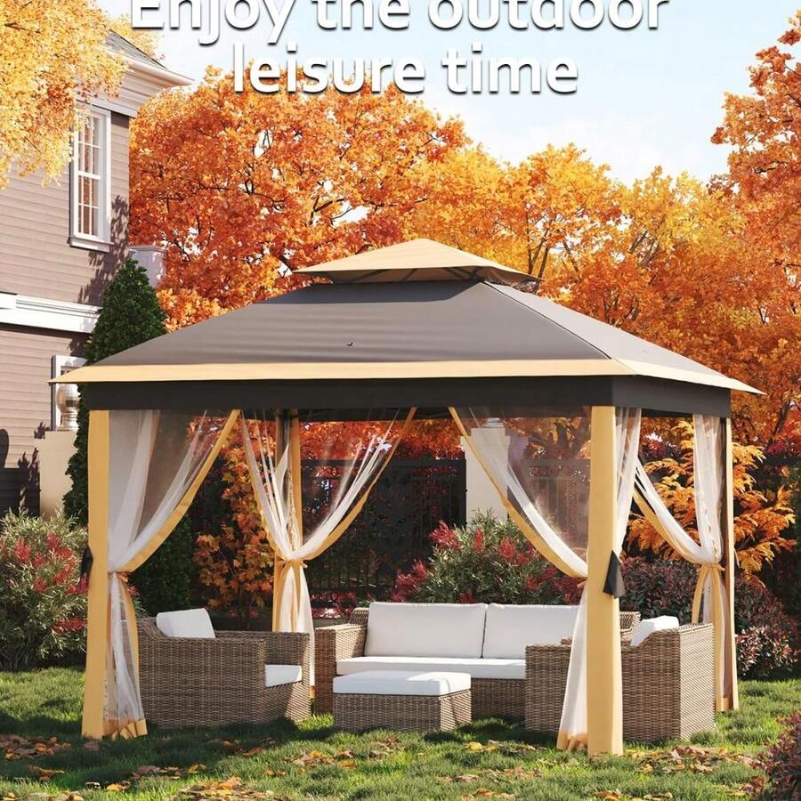11x11ft Portable Canopy Canopy Tent for Backyard & Patio – Mosquito Netting, Water & UV Resistant, Mesh Screen, Easy Setup, Includes Ropes, Stakes, Sandbags, Wheeled Storage Bag - Tarjeta profunda + tarjeta superficial - Ver 1