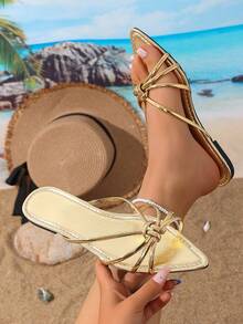 Sandales plates à bout pointu doré pour femmes, design à bout ouvert et sans dos, convient pour le port décontracté quotidien et les vacances à la plage en été - Doré - Voir 6