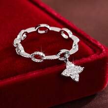 1 pieza Anillo de mujer con diseño minimalista de cadena y estrella de cuatro puntas con circonita cúbica - Multicolor - Ver 5