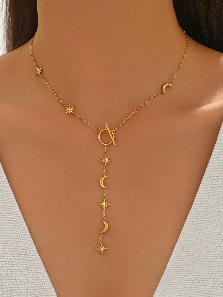 LIEBEIRIS 1pc 18K Gold Plated OT Clasp Y-Necklace With Octagonal Star & Moon Pendant, Stainless Steel Women's Necklace, Suitable For Daily Wear And Gift - Gold - View 1