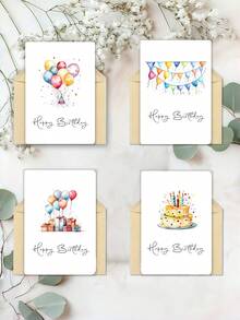 4张色彩鲜艳的生日贺卡，含信封，内页空白，蛋糕和气球图案，祝女性、家人和朋友生日快乐 - 查看 3