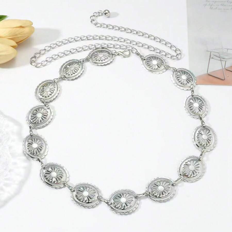 1pc Retro Silver Alloy Sunflower Waist Chain, Minimalist Daisy Waist Belt Suitable For Casual Wear, Summer Dresses And Daily Outfits, 2026 Fashion Accessory - Silver - View 1