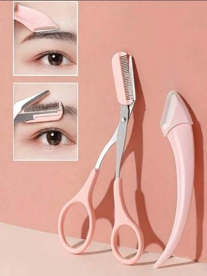 Bộ dụng cụ tỉa lông mày hình trăng lưỡi liềm, dao cạo lông mày cong bằng thép không gỉ kèm lược.