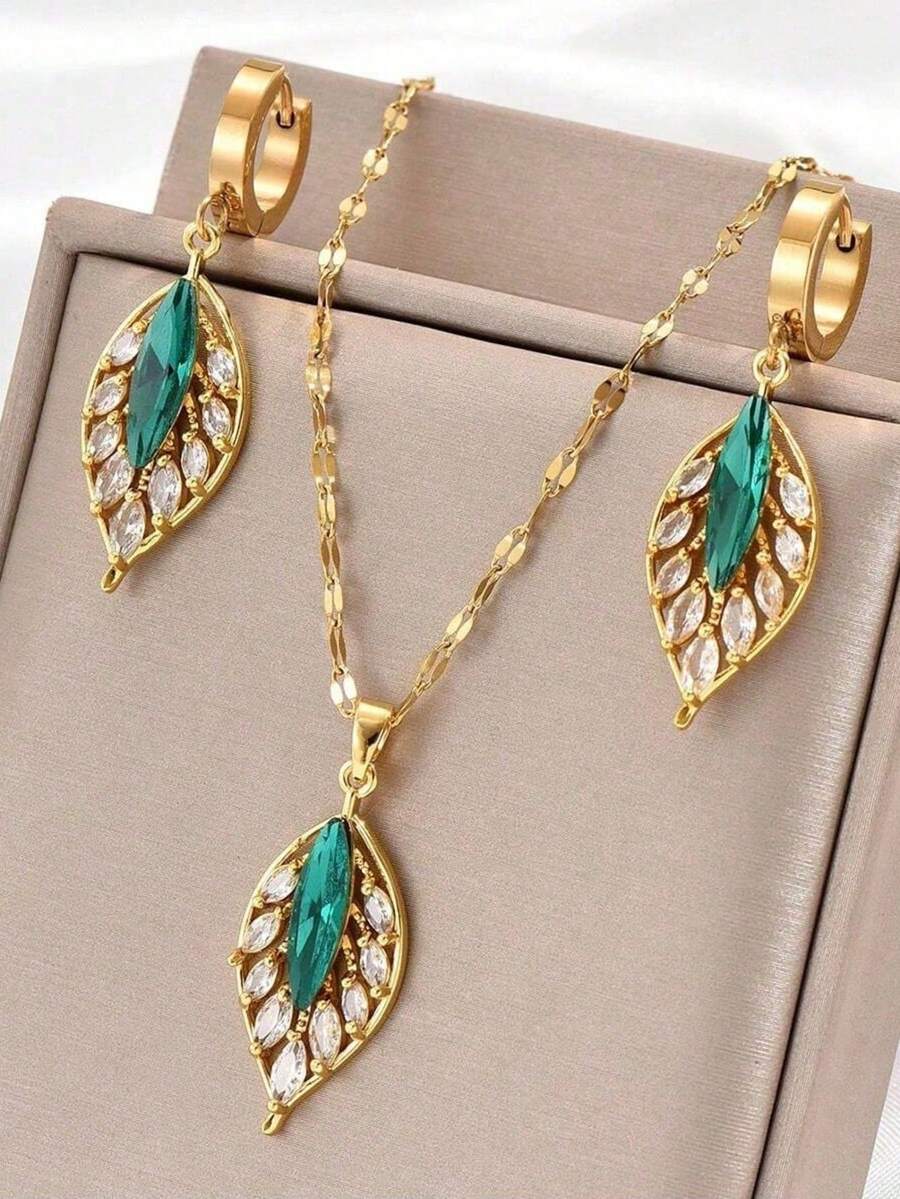 Bộ 3 món trang sức bằng thép không gỉ mạ vàng, đính đá Cubic Zirconia hình lá xanh, gồm bông tai và dây chuyền, kiểu dáng cổ điển sang trọng, thích hợp cho cả nam và nữ, thích hợp cho các bữa tiệc đường phố (Đóng gói trong túi OPP). - Vàng - Xem 1