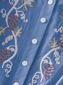 Women's Loose Waist Drawstring Vintage Embroidered Vacation Dress, Spring/Summer Elegant - Dusty Blue - View 9