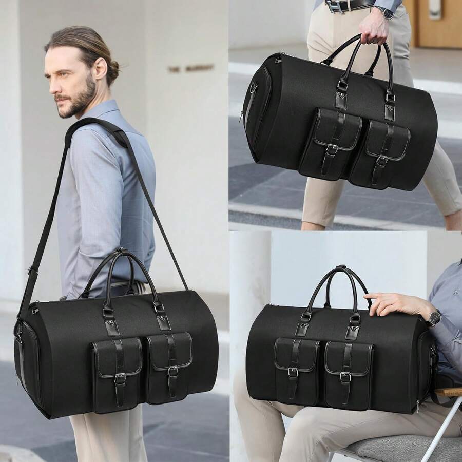 Garment Convertible Weekender Bag,Carry On Garment Bags For Travel Mens Suit Bag,Canvas Garment Duffle Bag Heavy Duty Overnight Bags For Men Women Hanging Clothes, 2 In 1 Large Luggage Dress Bag With Shoe Pouch(Black) - 黑色 - 查看 1