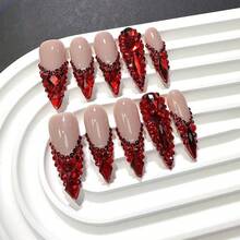 Red Rhinestone French Tip Fake Nails Long Handmade Press On Nails Almond False Nails With 3D Designs Luxury Glue On Nail Full Cover Stick On Nail For Women Manicure 10Pcs (Size M) - 樣式04 - 查看 3