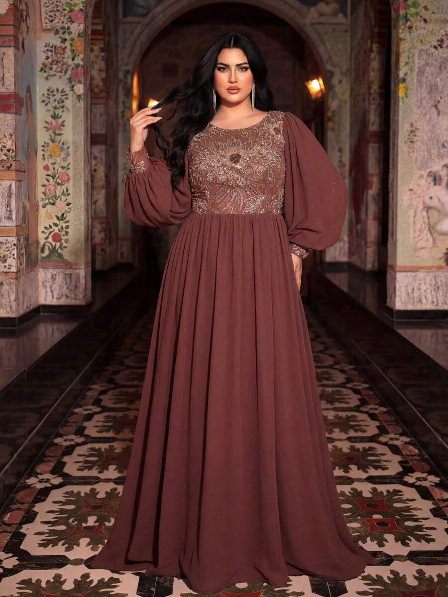 UNITHORSE Plus [随机裁剪] 圆领灯笼袖收腰雪纺晚礼服 - 咖啡棕 - 查看 1