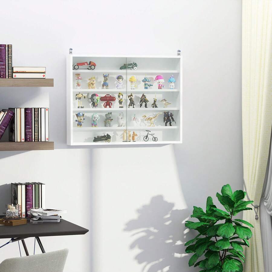 Wall Mounted Storage Display Unit 5-Tier, Glass Front Cabinet With Adjustable Shelves For Home Office White - 1PC - View 1