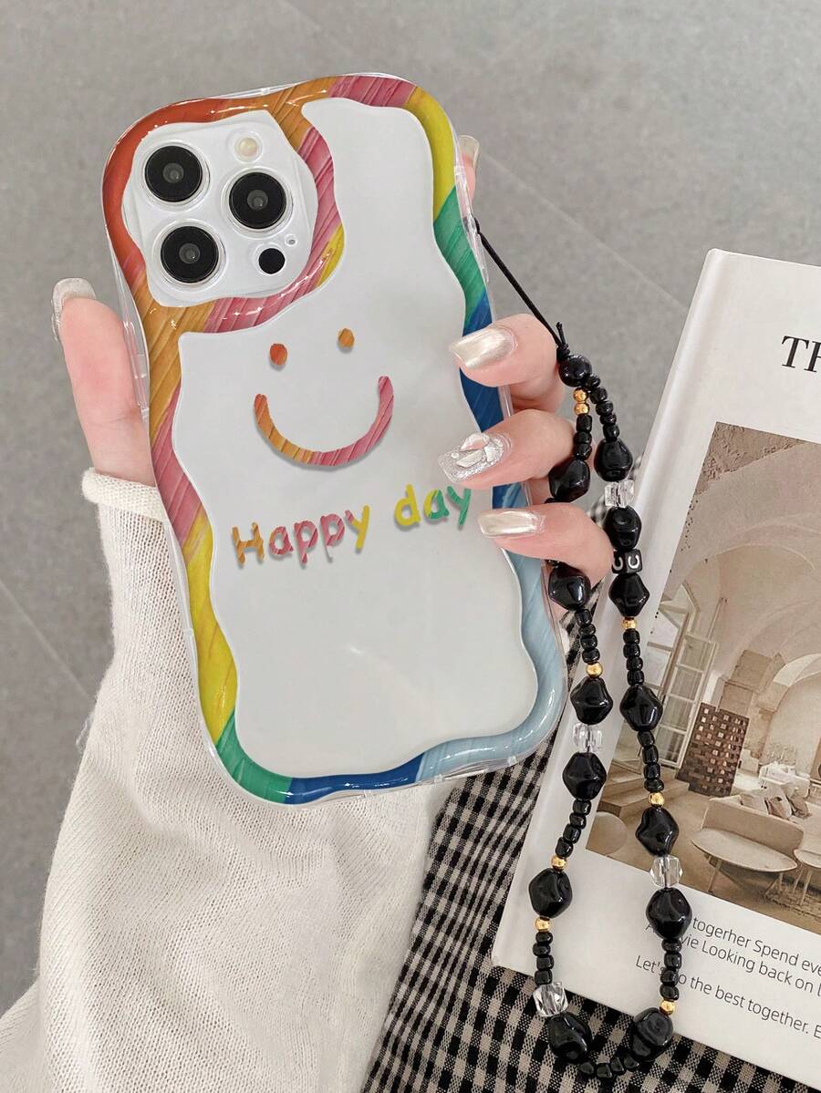 奶油色纹理波浪边亮面彩绘笑脸防摔手机壳,配串珠手链配件,兼容 17pro/17Air/17/17promax/16/11/16pro/16plus/16promax/16e/15Promax/13/14/12/XS/XR/7G/8P、Galaxy 等机型。 - 彩色 - 查看 1