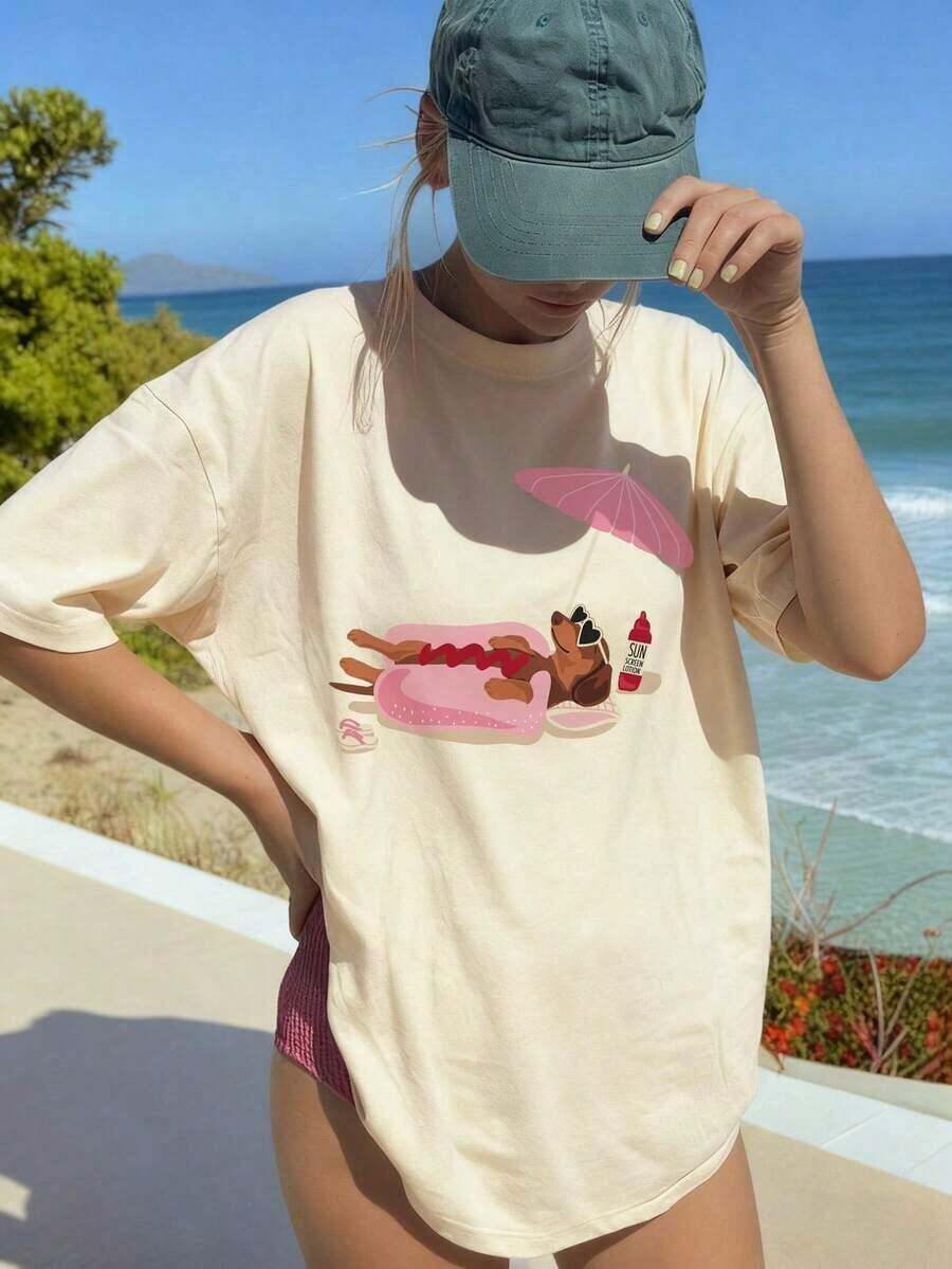 Camiseta de manga corta beige de alta calidad para mujer, estilo casual de verano, con estampado de dachshund, holgada y versátil, con cuello redondo, a la moda para uso diario, nueva llegada 2026 - 100% algodón, transpirable, ropa deportiva estilo Y2K, cuello redondo, 100% algodón, tejido suave, manga corta.