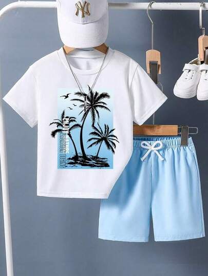 1 piezas Conjunto de verano para niños preadolescentes con camiseta de manga corta estampada con palmeras y pantalones cortos