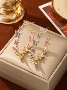 Andkiss Rhinestone Butterfly Decor Hoop Earrings - 紫色 - 查看 5
