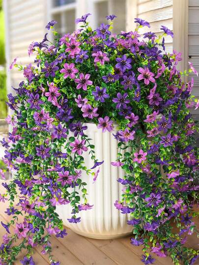 4Pcs Artificial Hanging Flowers For Outdoor Decor, UV Resistant Fake Silk Daisy Plants With Eucalyptus Leaves, Real Touch Faux Floral For Planter Porch Patio Garden Balcony, Ideal For Room Decor Wedding Accessaries Holiday Party Garden Home Decor