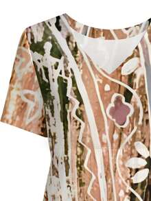 One Retro Casual Woven Fabric Line Floral Print Loose Comfortable Women's V-Neck Short-Sleeve Dress,Daily Outing Gathering Spring And Summer Natural And Casual Regular Women's Clothing - 彩色 - 查看 5
