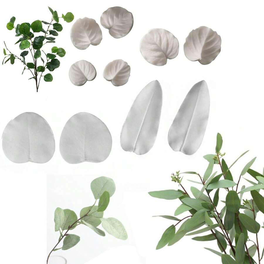 6 pièces Moule en silicone texturé à double face avec feuille d'eucalyptus et orchidée phalaenopsis, moule à gâteau en pâte à sucre, outil de cuisson réutilisable pour mariage, anniversaire et fête - Gris pâle - Voir 1