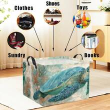 1pc Vintage Sea Turtle Nautical Map Storage Basket, Foldable Fabric Storage Bin With Handles, Coastal Ocean Home Organizer For Clothes Toys, Beach Decor Storage Box - Mint Blue - View 3
