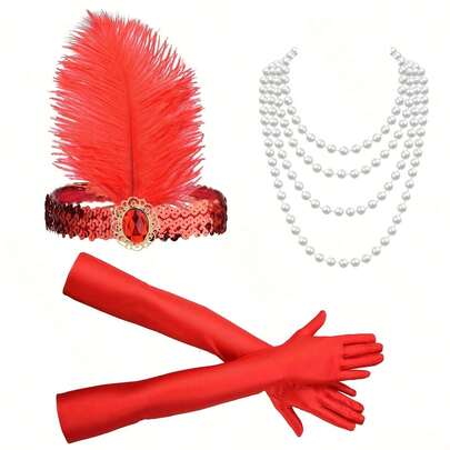 来自“优雅黄金时代”系列的复古风三件套配饰，是婚礼、化装舞会和单身派对的理想之选。套装包含发箍、项链和手套，是送给爱人的完美礼物。