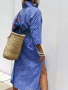 女士宽松下摆开衩短袖衬衫裙，轻薄涤纶面料，落肩设计，休闲优雅商务时尚连衣裙，建议选择小一码以获得宽松版型，适合春夏日常办公、度假、旅行穿着。 - 藍色 - 查看 2