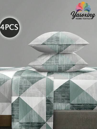 4pcs/Set Green Gray Triangle Patchwork Pattern Sheet Set Easy Care Microfiber Soft Bedding Set Fitted Sheet Set (1pc Flat Sheet+1pc Fitted Sheet+2pcs Pillowcases)Fitted Sheet Set King Queen Full TWIN SIZE Sheet Deep Pocket Up To 11.8 Inch Pillowcase, Soft Breathable Wrinkle-Free Better For Sleep,Textured Geometric Print Bedding