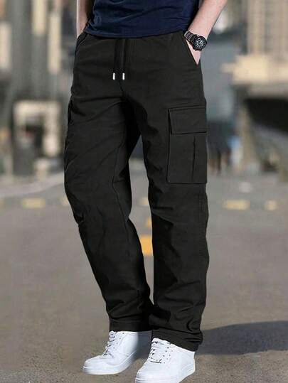 男士户外运动套装，春秋季纯色多口袋工装裤，夏季沙滩度假宽松休闲运动裤，适合通勤、跑步、健身，直筒黑色
