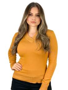 Women's Basic Long-Sleeved V-Neck Knit Sweater For Cold Weather - Mustard Yellow - View 1