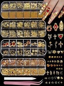 4 cajas de set de encantos y gemas para uñas, perlas planas y rhinestones, rosas doradas, formas de corazón, cruces y Virgen María con bolígrafo y pinzas para decoración de uñas en estilos Y2K o maquillaje - Dorado - Ver 1