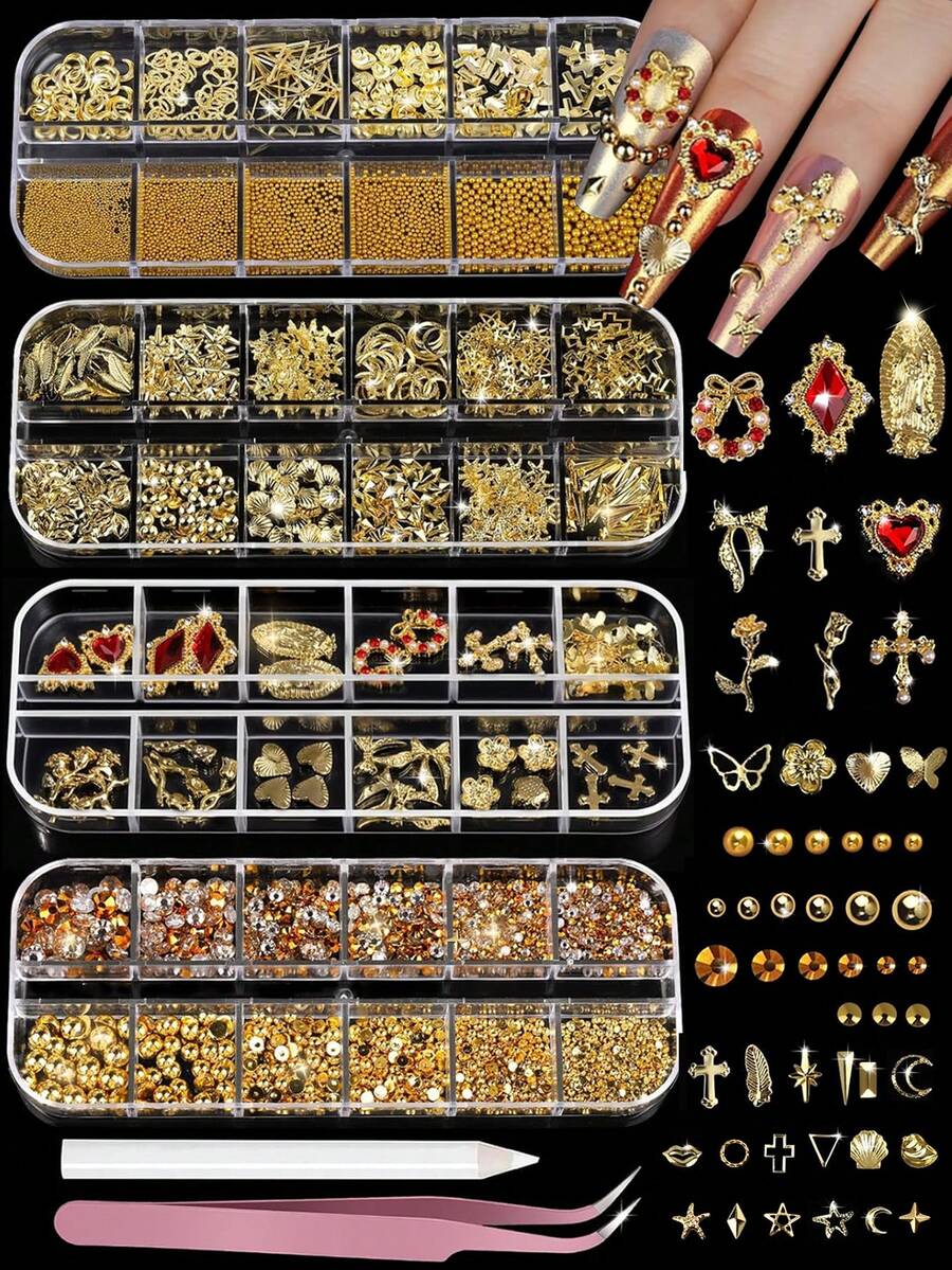 4 cajas de set de encantos y gemas para uñas, perlas planas y rhinestones, rosas doradas, formas de corazón, cruces y Virgen María con bolígrafo y pinzas para decoración de uñas en estilos Y2K o maquillaje - Dorado - Ver 1