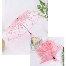1pc Transparent Sakura Flower Rain Umbrella, Automatic Folding Straight Handle Umbrella, Cute & - Multicolor - View 5
